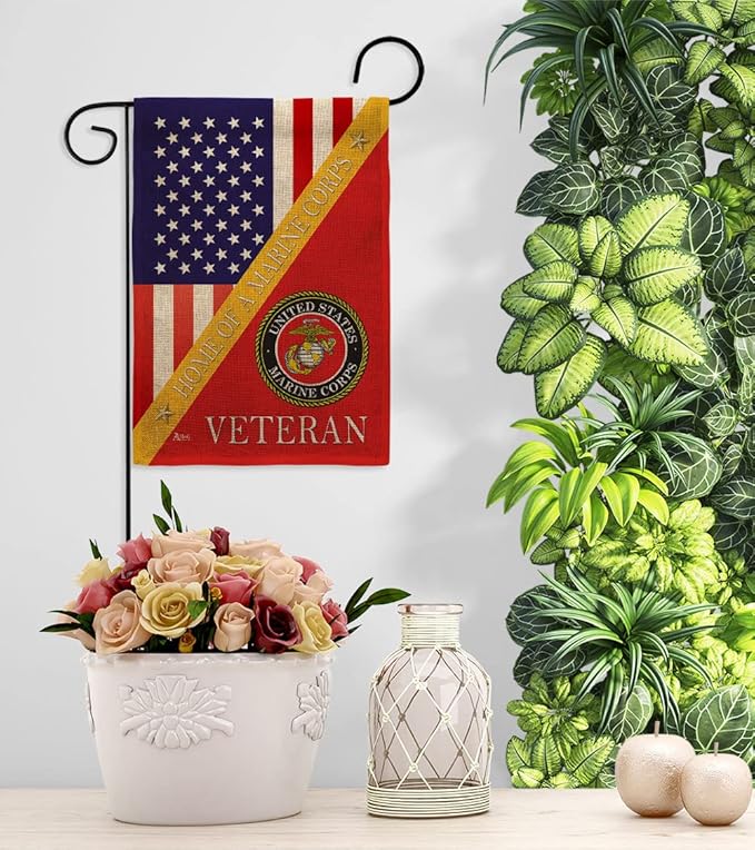 Home of Marine Corps Burlap Garden Flag - Set with Stand Armed Forces USMC Semper Fi United State American Military Veteran Retire Official House Banner Cemetery Yard Rememberance Veterans Day Gifts-VerdiqueGarden
