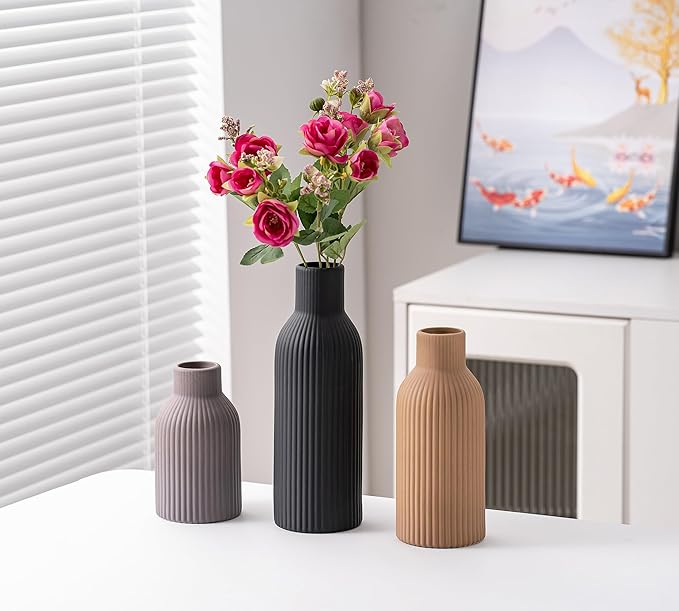 Ceramic Vase Set of 3, Flower Vases for Spring Room Decor, Kitchen Farmhouse, Modern Boho Style(Khaki/Black/Grey)-VerdiqueGarden