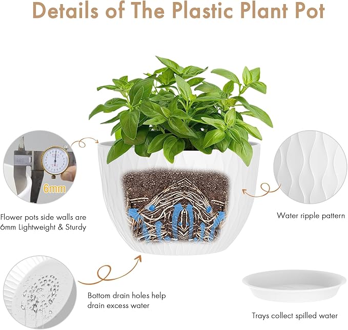 12 Inch Large Plant Pots for Indoor or Outdoor Plants, Wide Water Ripples Flower Pots with Drainage Holes & Saucer, Plastic Planters Set for Garden & Home Decor (White)-VerdiqueGarden