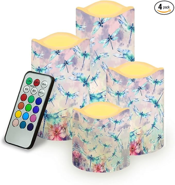 Ystardream Beautiful Dragonfly Flameless Candles Battery Operated with Timer, Remote Control, LED Flashing Candle Sets, Warm Color Flickering Candles Light for Party Room Table Decor Set of 2-VerdiqueGarden