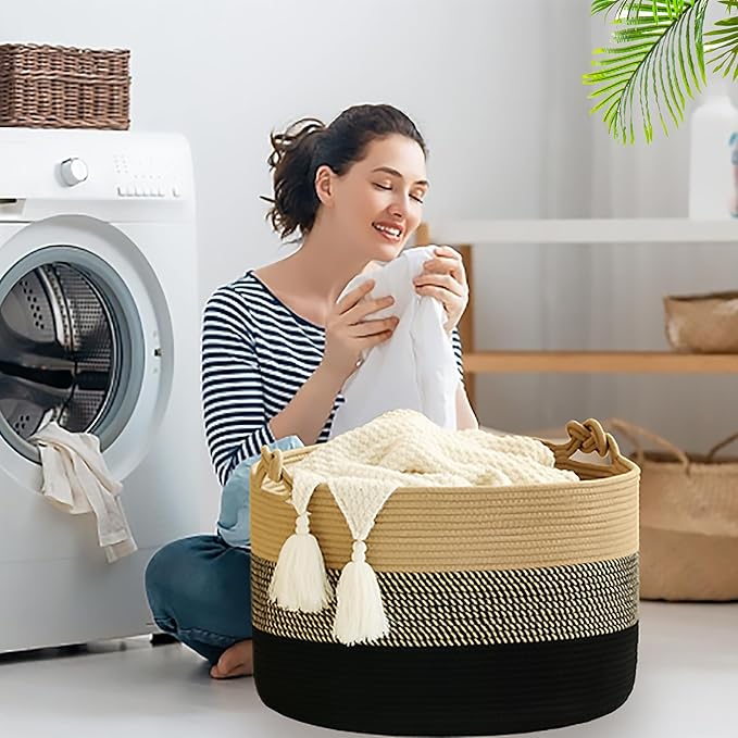 KAKAMAY Large Blanket Basket (20"x13"),Woven Rope Baskets for storage Baby Laundry Hamper, Cotton Rope Blanket Basket for Living Room, Laundry, Nursery, Pillows,Baby Toy chest (Jute/Black)-VerdiqueGarden