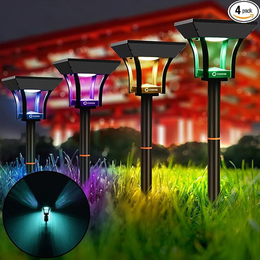 CINOTON RGBW Solar Landscape Pathway Outdoor Lights with 3 Lighting Modes, IP65 Waterproof LED Solar Powered Wall Lights for Garden Yard Lawn Path Driveway Pool Backyard Warm White & Multicolor 4 Pack-VerdiqueGarden