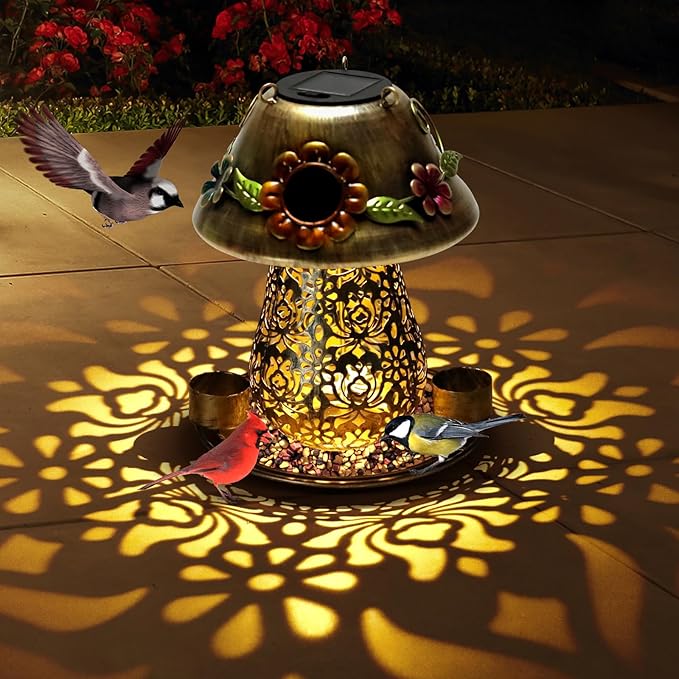 Mushroom Solar Bird Feeders for Outdoors Hanging Metal Wild Bird Feeder Garden Lantern with S Hook for Garden Decoration Brown-VerdiqueGarden