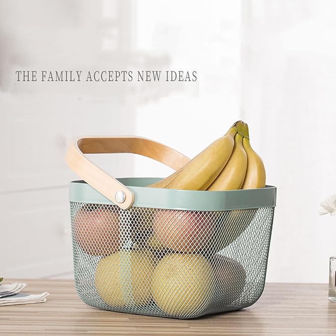 Metal Mesh Steel Basket, Storage Organizer Basket Multi-functional Hanging Kitchen Basket Fruit Basket Bin with Bamboo Handle, 9.84 x 10.2 x 7 inch, Mint Green-VerdiqueGarden