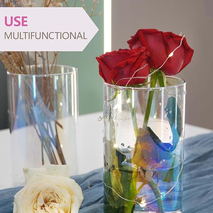 12pc Glass Cylinder Bud Vases for Centerpieces,6 inch Tall Irised Crystal Clear Flower Vases in Bulk,Hurricane Glass Candle Holders for Table Centerpiece Formal Dinners Home Decor-VerdiqueGarden