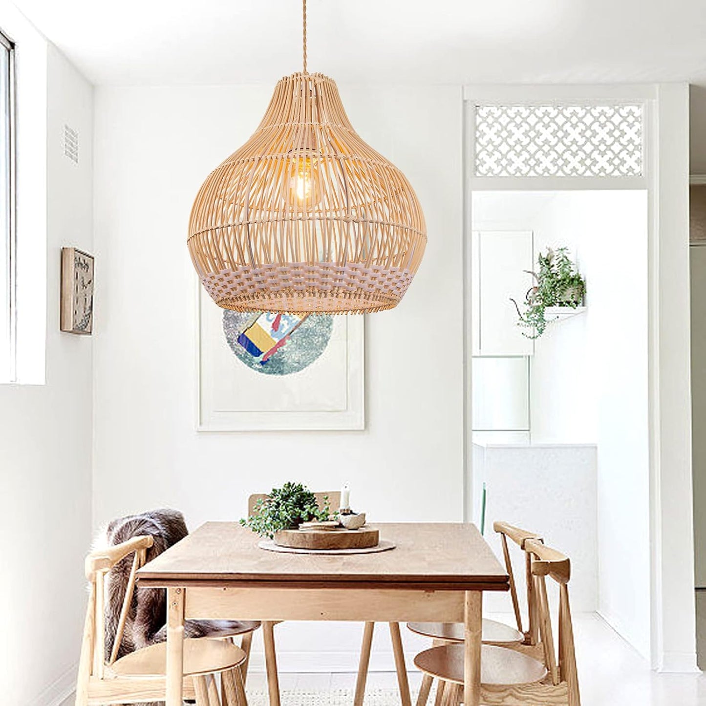 Arturesthome 1 Light Coastal Rattan Pendant Light for Kitchen Island White,Wicker Chandelier,Handmade Woven Hanging Ceiling Lighting Fixtures Lampshade for Living Room Bedroom-VerdiqueGarden