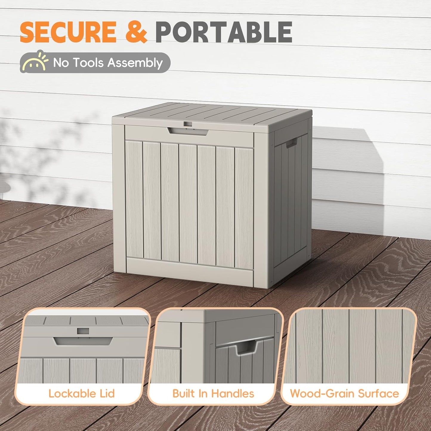 Outdoor Storage Box, 31 Gallon Waterproof Resin Deck Box, Storage Bin for Package Delivery, Patio Furniture Cushion, Garden Tools, Pool Accessories, Weatherproof and UV Resistant, Grey-VerdiqueGarden