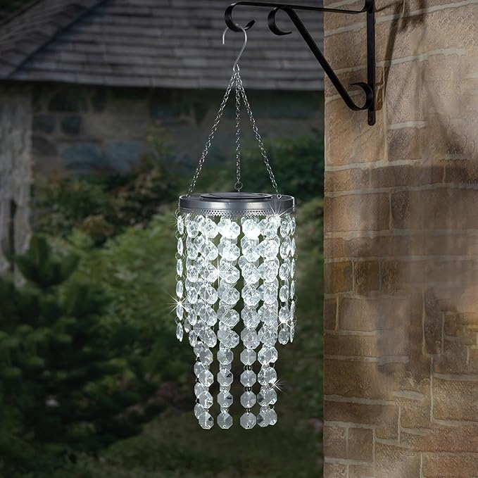 Hanging Solar Crystal Chandelier Outdoor, 21” Modern Solar Transparent Acrylic Beaded Lantern with Cool White LED S Hooks for Garden Yard Patio Gazebo Outside Decor-VerdiqueGarden