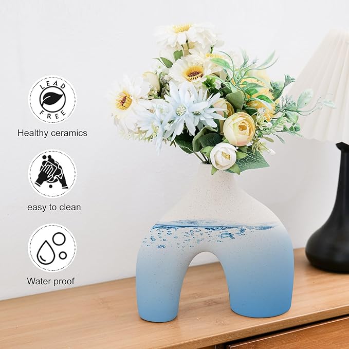 CEMABT Beige Ceramic Vase Set of 2 for Modern Minimalist Bohemian Decor，Round Matte Donut Vases for Pampas Grass-Perfect for Living Room, Dining Table, Office Bedroom Shelf Decor Entryway, Console…-VerdiqueGarden