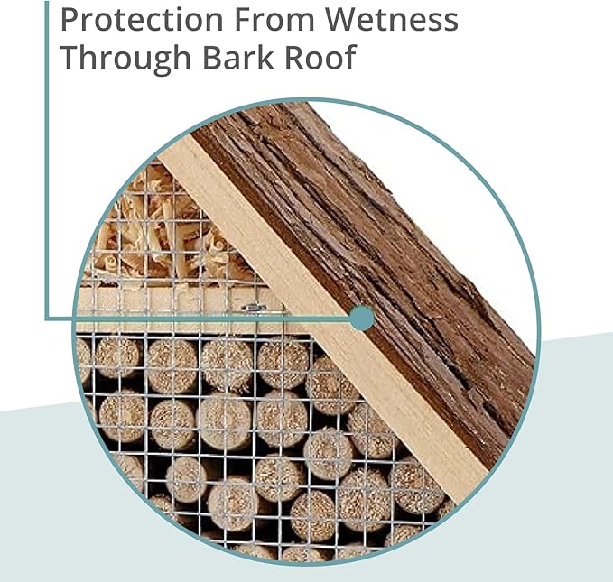 Small Insect Hotel with Bark Roof - Untreated Natural Wood Insect House for Bees, Ladybugs, Lacewings & Butterflies - Nesting Aid for Hanging, Bee Hotel-VerdiqueGarden