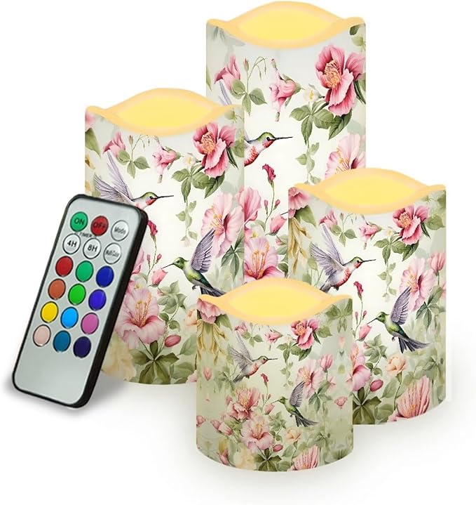 Ystardream Hummingbird Flower Flameless Candles with Remote Battery Operated Candles Elegant Realistic LED Candles with Remote and Timer Set of 4 for Valentines Home Wedding Birthdays-VerdiqueGarden