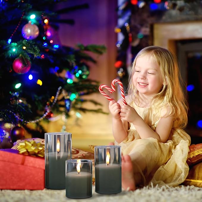 Glass Flameless Candles with Remote Timer,LED Candles Flickering Battery Operated with 3D Wick,Candle Holders Table Centerpiece Decoration for Home Wedding Birthday Festival(Grey)-VerdiqueGarden