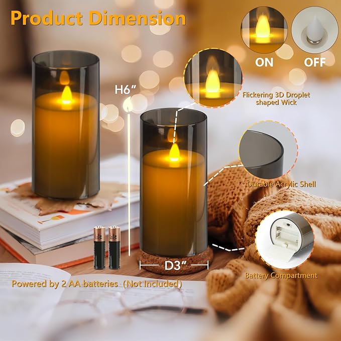 Metaku Flickering Flameless Candles Battery Operated 3D Moving Wick LED Candles with Remote, Set of 2 Grey Acrylic Electric Candles for Christmas Halloween Valentines Wedding Home Decor,D 3"×H 6"-VerdiqueGarden