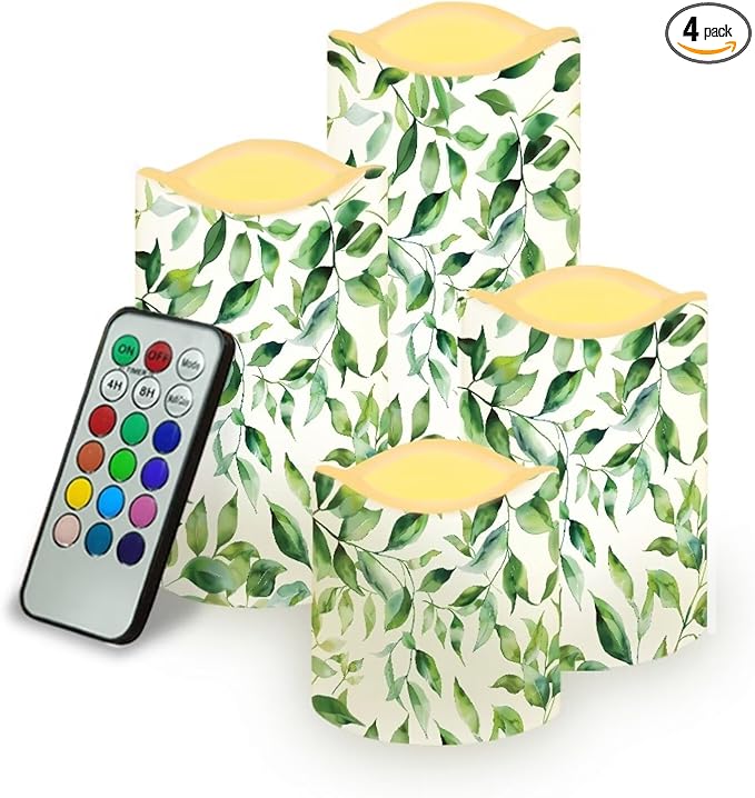 Ystardream Green Leaf Flameless Candles with Timer 4 PCS Led Candle Battery Operated Fake Candle for Indoor Outdoor,Virthdays,Christmas,Thanksgiving,Valentine's Day-VerdiqueGarden
