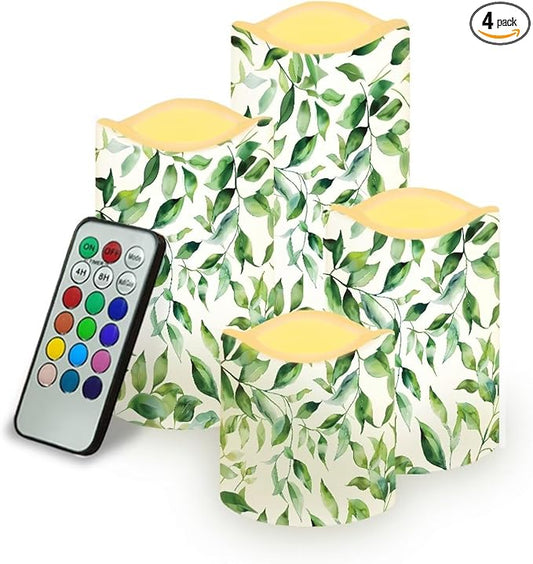 Ystardream Green Leaf Flameless Candles with Timer 4 PCS Led Candle Battery Operated Fake Candle for Indoor Outdoor,Virthdays,Christmas,Thanksgiving,Valentine's Day-VerdiqueGarden