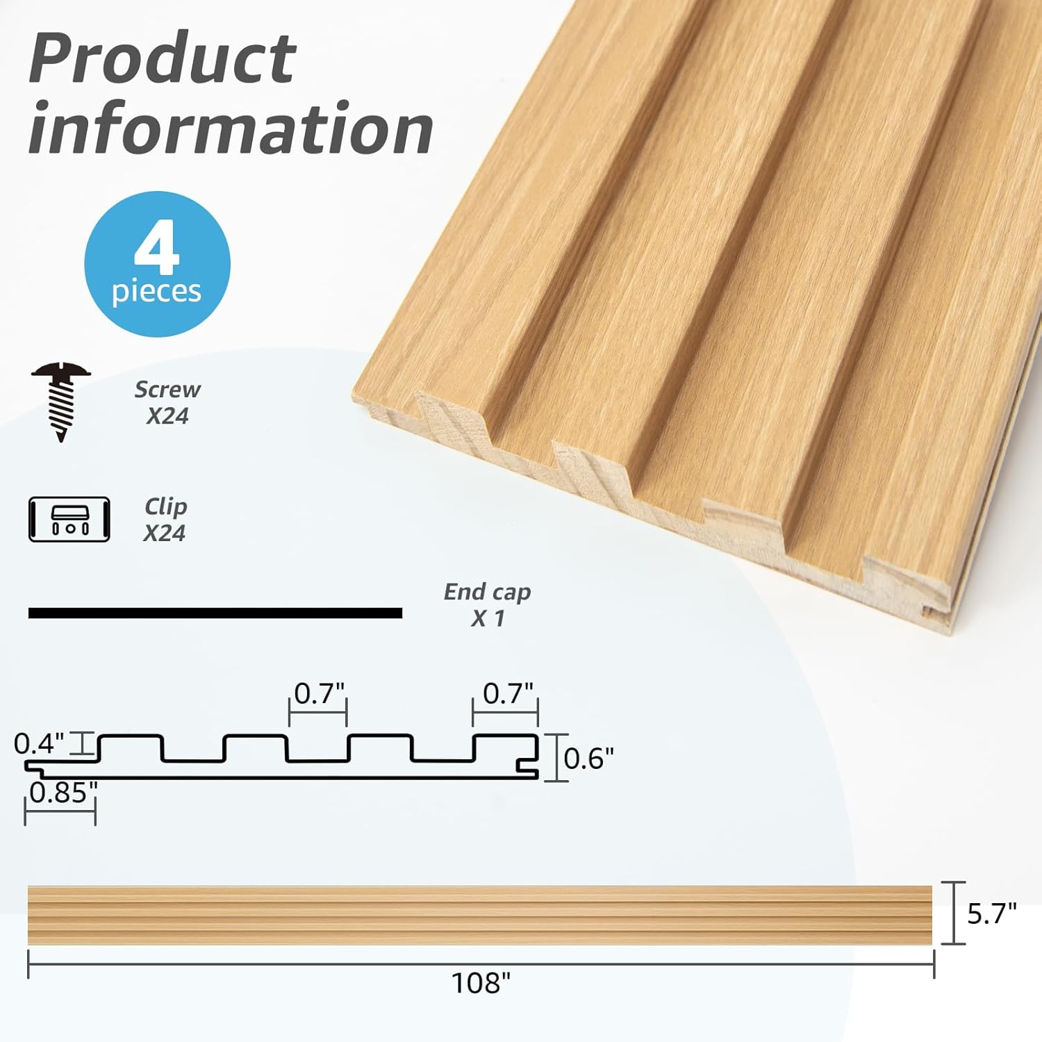 Art3d Slat Wood Wall Paneling for Interior and Ceiling Decoration - Pack of 4pcs + 1pc End-Trim, Size 108 x 5.7in.- Oak-VerdiqueGarden