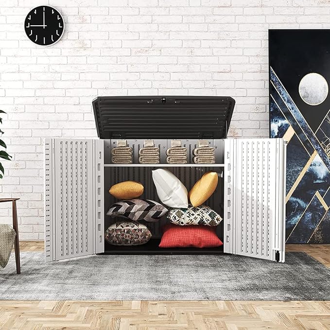 KINYING Outdoor Storage Shed - Horizontal Storage Box Waterproof for Garden, Patios, Backyards, Multi-Opening Door for Easy Storage of Bike, Garbage Cans, Tools, Lawn Mower, Off-White, 26 Cubic Feet-VerdiqueGarden