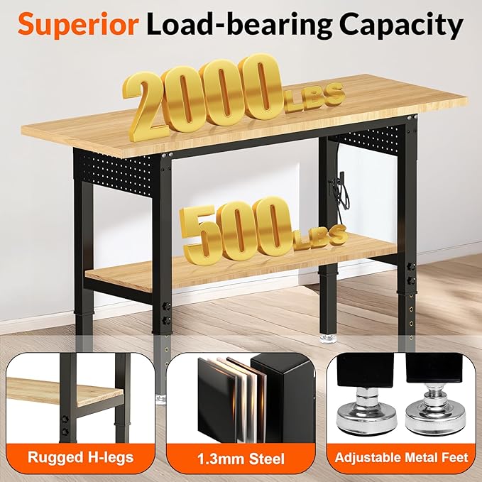 Adjustable Height Workbench, Heavy Duty Table Rubber Wood Workstation with Power Outlet & Pegboard for Garage, Office, Workshop, Home,Commercial (60"×22"|Shelf)-VerdiqueGarden