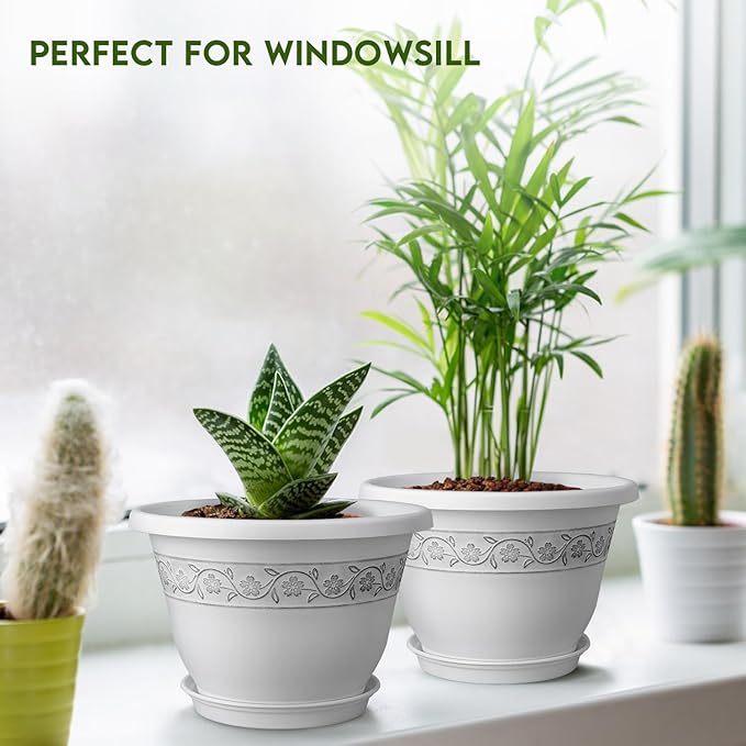 10 Inch Plant Pots with Drainage Hole - Lightweight Flower Pots for Herbs and Flowers - Home Decor Plastic Planters for Indoor Outdoor Plants- Pack of 4 (White, 10 inch)-VerdiqueGarden