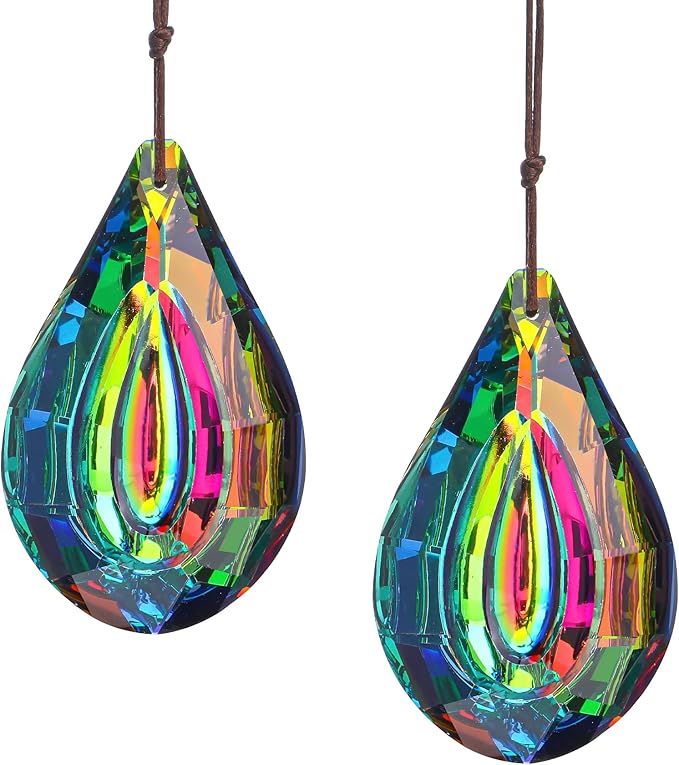 HDCRYSTALGIFTS Set 2 Crystal Prisms Suncatchers for Windows,76mm Rainbow Sun Catcher Glass Hanging Prisms Suncatcher Pendant for Home Garden Decor (Single Face Colorful)-VerdiqueGarden