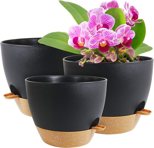 10/9/8 inch Medium Self Watering Pots, Planter, Plant Pots with Mesh Drainage Holes for Indoor Outdoor Garden Plants, Plastic Flower Pots with Removable Deep Reservoir, Black with Brown-VerdiqueGarden