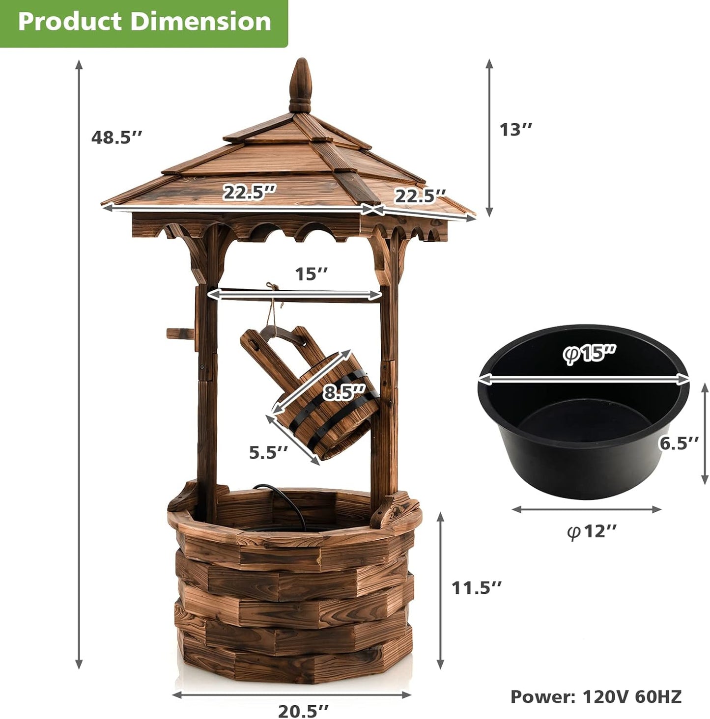 Tangkula Outdoor Wishing Well Water Fountain, Old-Fashioned Wood Waterfall Fountain w/Bucket Pump, Rustic Farmhouse Decoration for Garden, Backyard, 46 Inch Tall (22.5" x 22.5" x 48.5")-VerdiqueGarden