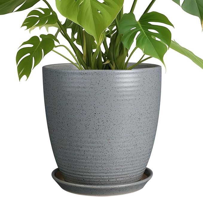 10 Inch Plant Pot, Ceramic Planters for Indoor Plants with Drainage and Saucer, Large Flower Pot for Home and Garden Decor, Light Gray-VerdiqueGarden