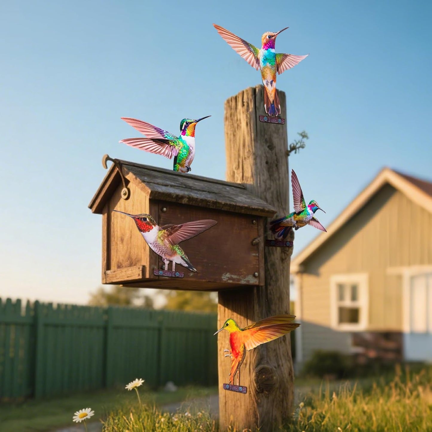 HUYIENO 5PCS Vibrant Metal Bird Decorations Colorful 2D Garden Fence Ornaments for Outdoor Patio & Bird Lovers Hummingbird-VerdiqueGarden