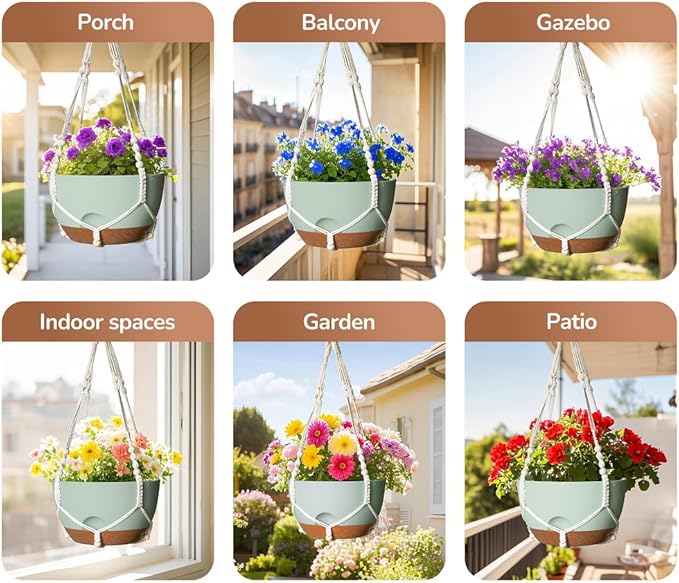 12 Inch Hanging Baskets for Plants Outdoor, Hanging Planters for Indoor Outdoor Plants, Hanging Planter with Self Watering, Hanging Flower Pots (Green Planter with Macrame + Iron Hangers)-VerdiqueGarden