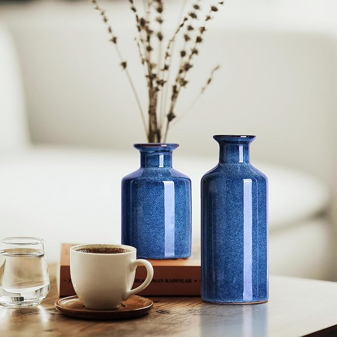 Blue Ceramic Vase Set of 3,Home Decorative Flower Vase,Small vase Set for Farmhouse Living Room Bedroom Tabletop Decor,Office Bookshelf Centerpiece Entrance Decoration-VerdiqueGarden