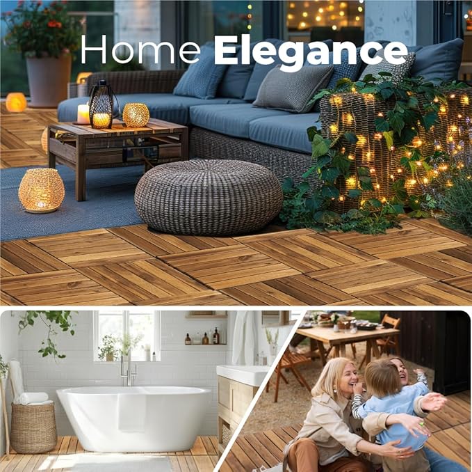 Pack of 10 Deck Tiles - 12"x12" Interlocking Natural Solid Acacia Wood for Outdoor & Indoor, Patio Garden, Balcony, Poolside - Natural6 Color-VerdiqueGarden