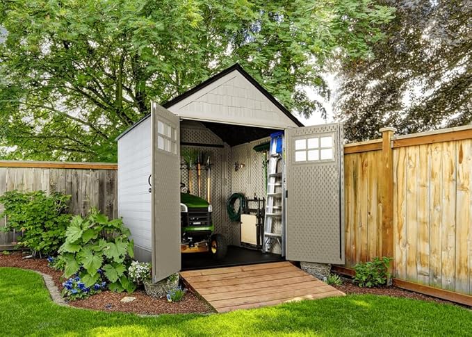 Rubbermaid 7 Foot by 7 Foot Weatherproof Outdoor Storage Shed for Garden Tools and Lawn Machinery Organization with Lockable Double Door Sandstone-VerdiqueGarden