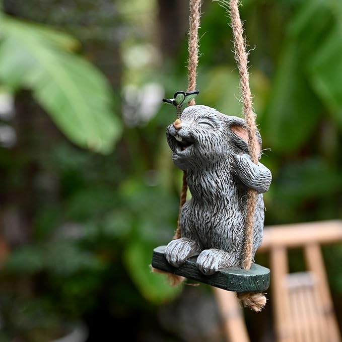 OwMell Garden Rabbit Statues, Cute Swing Bunny with Butterfly Statue Decoration for Yard Hanging Outdoor, Tree Ornaments Figurine for Stump Branch Lawn Patio Decor-VerdiqueGarden