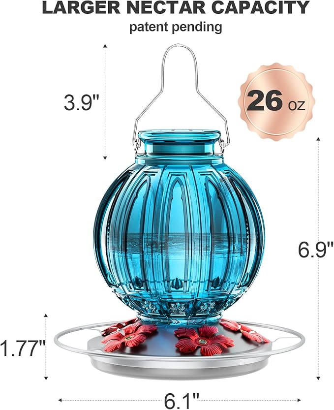 Glass Hummingbird Feeder for Outdoors Hanging, 26Oz Bird Nectar Feeder with Perch & 5 Flower Feeding Ports, Leak Proof for Outside Garden Decor Backyard, Gifts for Women Mom, Blue-VerdiqueGarden