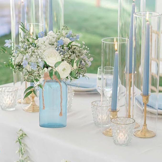 Vintage Glass Flower Vase，6 Pack Blue Farmhouse Glass Centerpiece Vases Mason Jars for Weddings, Parties & Home Decor Bulk (6, Blue)-VerdiqueGarden