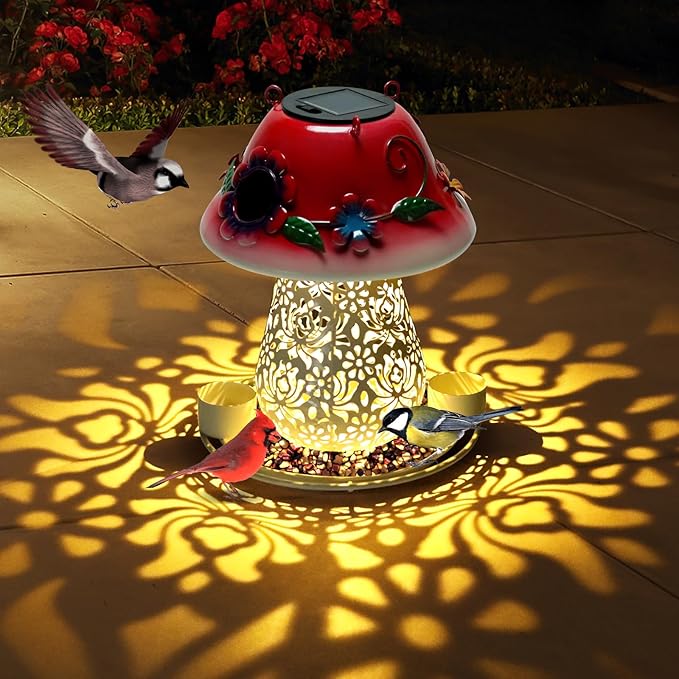 Mushroom Solar Bird Feeders for Outdoors Hanging Metal Wild Bird Feeder Garden Lantern with S Hook for Garden Decoration red-VerdiqueGarden