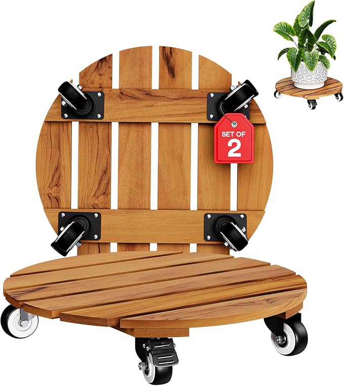 Idzo 2pack Wood Plant Caddy With Wheels Heavy Duty, 264 Lbs Capacity, 12 Inch Acacia Hardwood Plant Dolly, Plant Stand with 360° Lockable Wheels, Plant Caster for Heavy Objects Hauling - Natural Wood-VerdiqueGarden