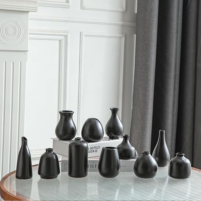 JOJUNO Black Bud Vases, Small Ceramic Vase Set of 11, Mini Pottery Vases for Flowers, Decorative Pieces for Home Modern Decor, Boho Decor, Chic Accents for Living Room Dining Table Shelves-VerdiqueGarden