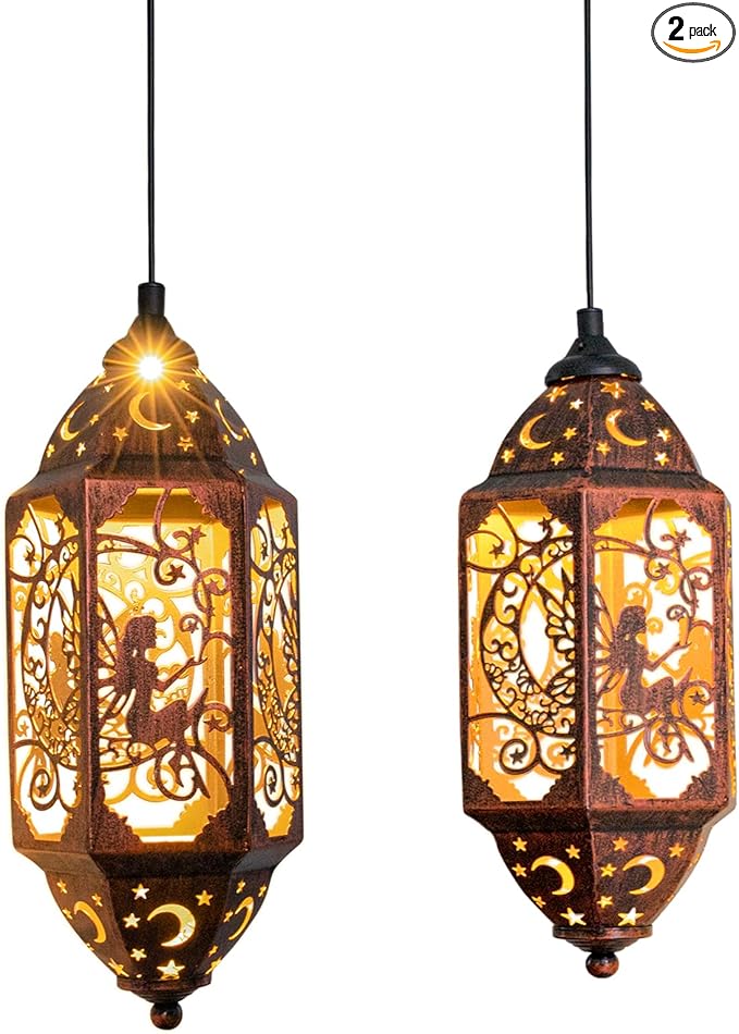 Go2garden 12.4" Outdoor Solar Lanterns Waterproof Garden Gifts Women, Moon Fairy Statue Solar Haning Lights for Patio, Yard Decorations, Mothers Day Gifts for Mom, Grandma(2Pack, Red Copper)-VerdiqueGarden