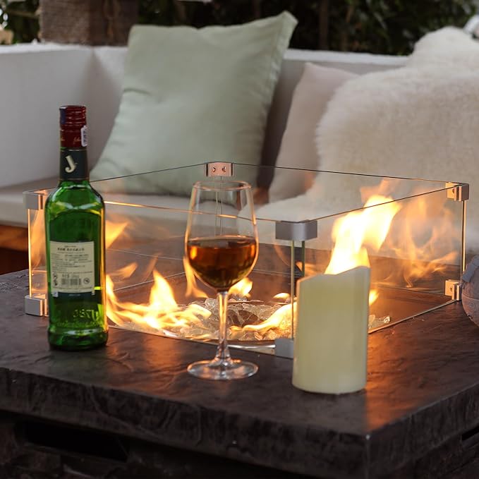 32" Outdoor Propane Fire Pit Table, Stone Fire Table Square Firepit w Glass Wind Guard(50,000 BTU), 2 Piece Slate Gas Fire Table in Deep Grey w Fire Glass, Rain Cover for Outside, Backyard-VerdiqueGarden