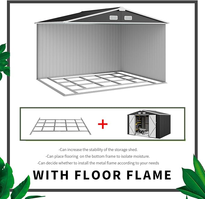 Aoxun 9.4x7.3x6.5 FT Outdoor Storage Shed with Base Outdoor Metal Shed for Tool, Garden, Bike, Placed in Patio, Garden Base Included (Black)-VerdiqueGarden