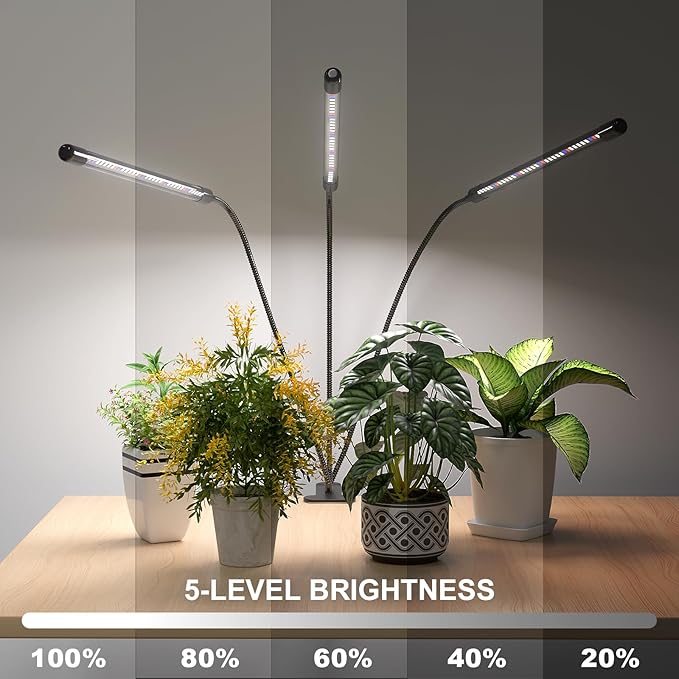 Super Bright Plant Grow Light Clip-on, 6000K Full Spectrum Gooseneck Growing Lamp with White Red Blue LEDs for Indoor Plants, Dimmable, Auto On/Off Timer 4/8/12Hrs, Independent Control Light Bars-VerdiqueGarden