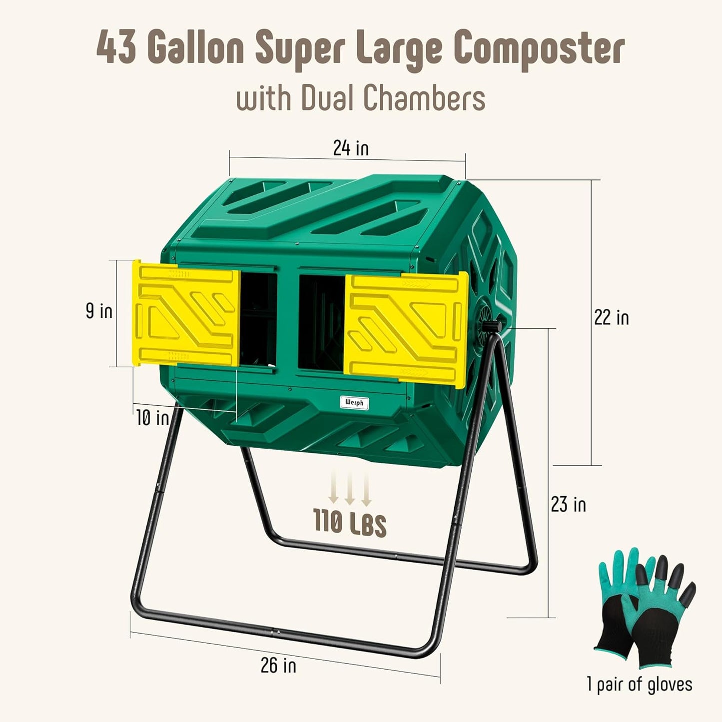 Compost Bin, Outdoor Composter, Fast Assembly 43 Gallon Dual Chamber Outdoor Compost Tumbler, Heavy Duty Tumbling Rotating Composter for Patio, Garden,Yard, Green, Easy Setup, Gloves Included-VerdiqueGarden