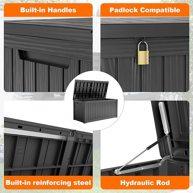 180 Gallon Resin Deck Box, Lockable Patio Outdoor Storage Box for Furniture, Garden Tools and Tools Storage, Waterproof Outside Storage Boxes - Black-VerdiqueGarden