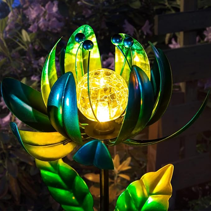 Solar Garden Lights Metal Flower Decor, Colorful Spinning Windmill Lotus Pathway Ligths with LED Cracked Crystal Ball Outdoor Decorative Stake Lighting Waterproof Flower Sculpture for Patio Yard-VerdiqueGarden