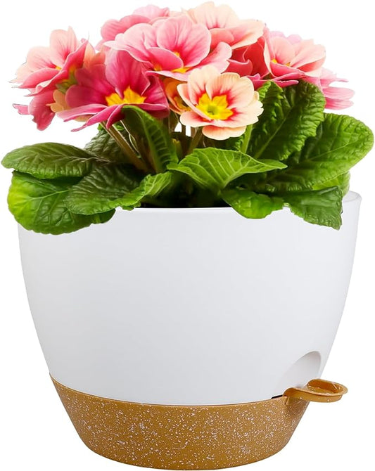 12 inch Large Self Watering Pots for Indoor Outdoor Plants, Plant Pots with Mesh Drainage Holes for Garden House Plants, Plastic Planters with Reservoir for Flower Plants, White with Brown-VerdiqueGarden