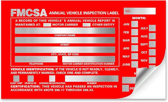 Annual Vehicle Inspection Report Form with Red Exterior Aluminum Inspection Label (6"x3.5"), and White Interior Inspection Label (5"x4") 25-pk-VerdiqueGarden