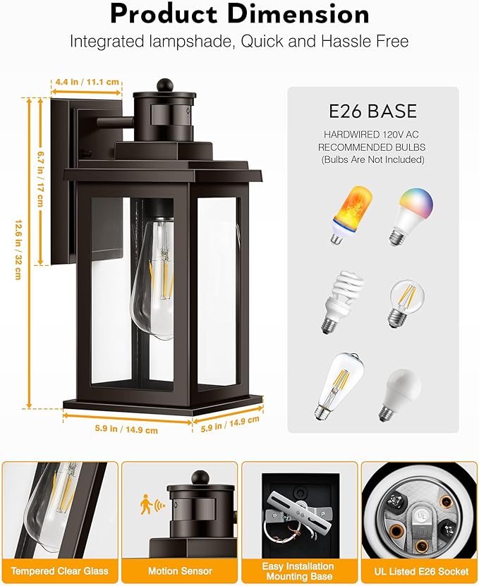 VIANIS Exterior Lights for House with Motion Sensor, Brown Dusk to Dawn Outside Lights for House, Oil Rubbed Bronze Exterior Lighting Fixtures for Garden, Garage, Doorway,Aluminum,Hardwired, Non-solar-VerdiqueGarden