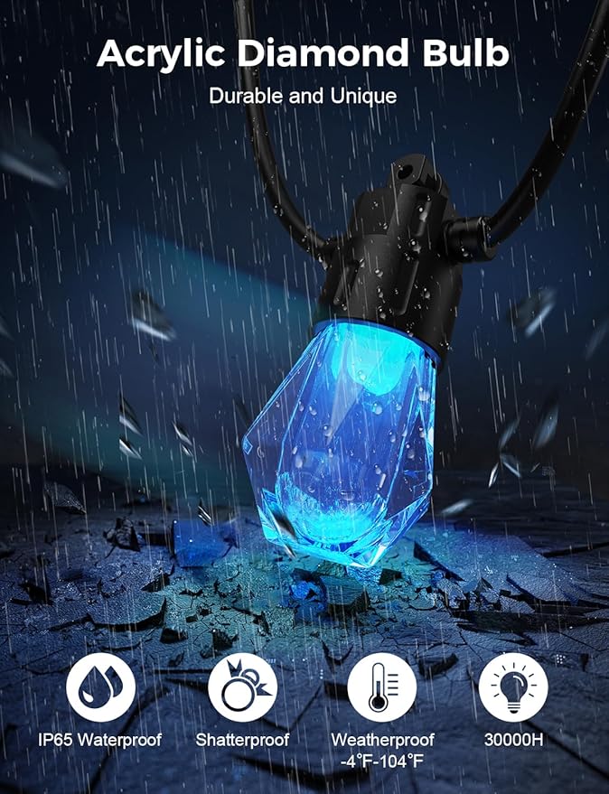 XMCOSY+ 96FT Smart Outdoor String Lights - RGBCWIC Dimmable Acrylic Bulbs, Color Changing LED Patio Lights APP WiFi Control, Compatible with Alexa, IP65 Waterproof Outdoor Lights for Backyard Porch-VerdiqueGarden