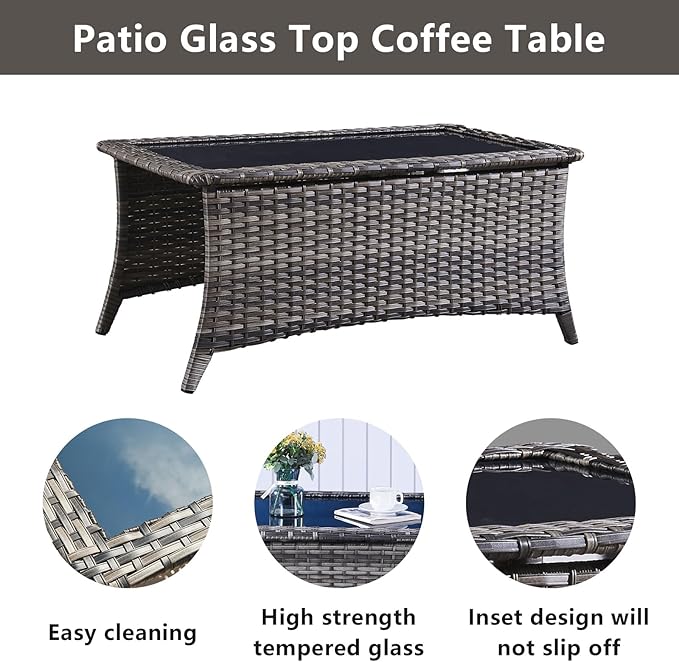 Wicker Outdoor Furniture Patio Furniture Set - 6 Piece Patio Conversation Set with Swivel Rocker Chairs, Rattan Sofa, Ottomans and Coffee Table, Blue Cushion-VerdiqueGarden